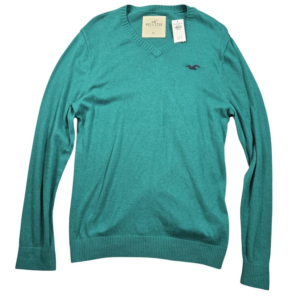 Hollister Sweater Mens Medium Green V Neck Lightweight Knit Pullover Long Sleeve